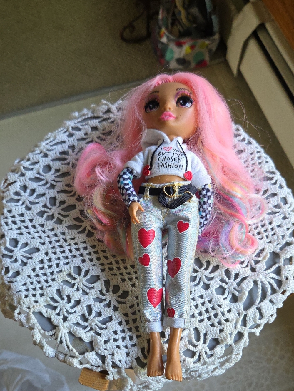 Pink-Haired Fashion Doll with Heart Print Jeans